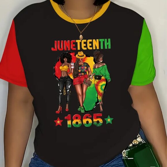 Plus Size Juneteenth 1865 Print T-shirt, Casual Short Sleeve Crew Neck Top - Picture 1 of 3